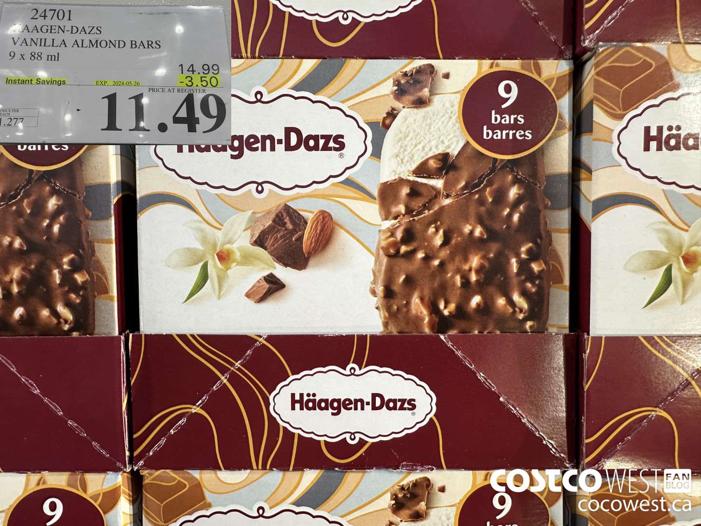 24701 HAAGEN-DAZS VANILLA ALMOND BARS 9 x 88 ml ($3.50 INSTANT SAVINGS EXPIRES ON 2024-05-26) $11.49