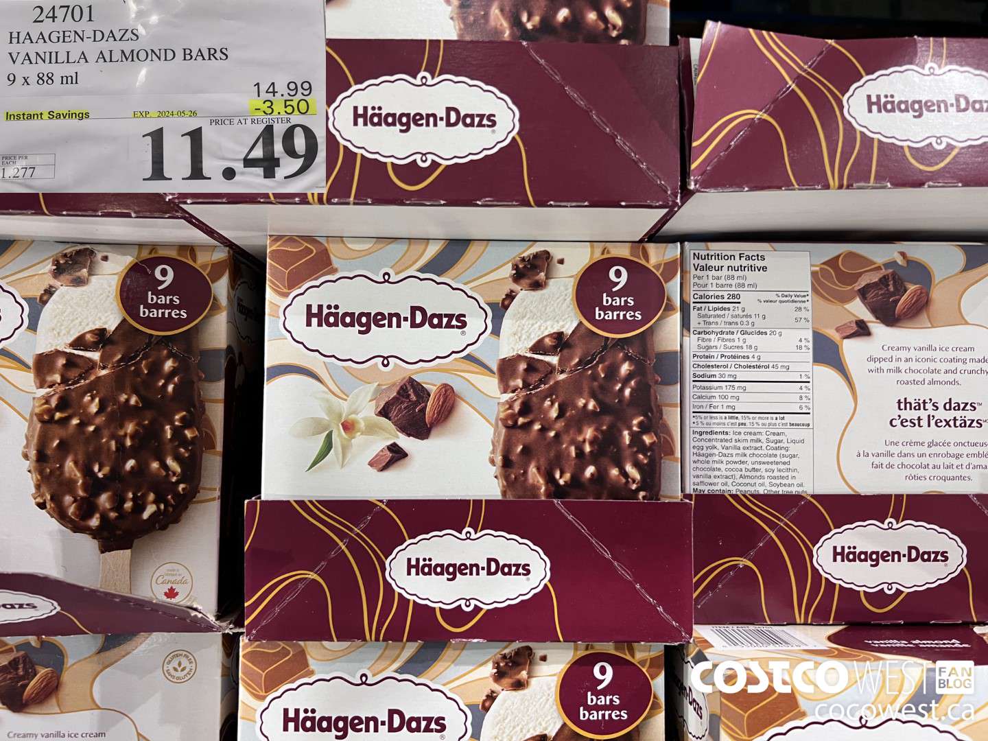 24701 HAAGEN-DAZS VANILLA ALMOND BARS 9 x 88 ml ($3.50 INSTANT SAVINGS EXPIRES ON 2024-05-26) $11.49