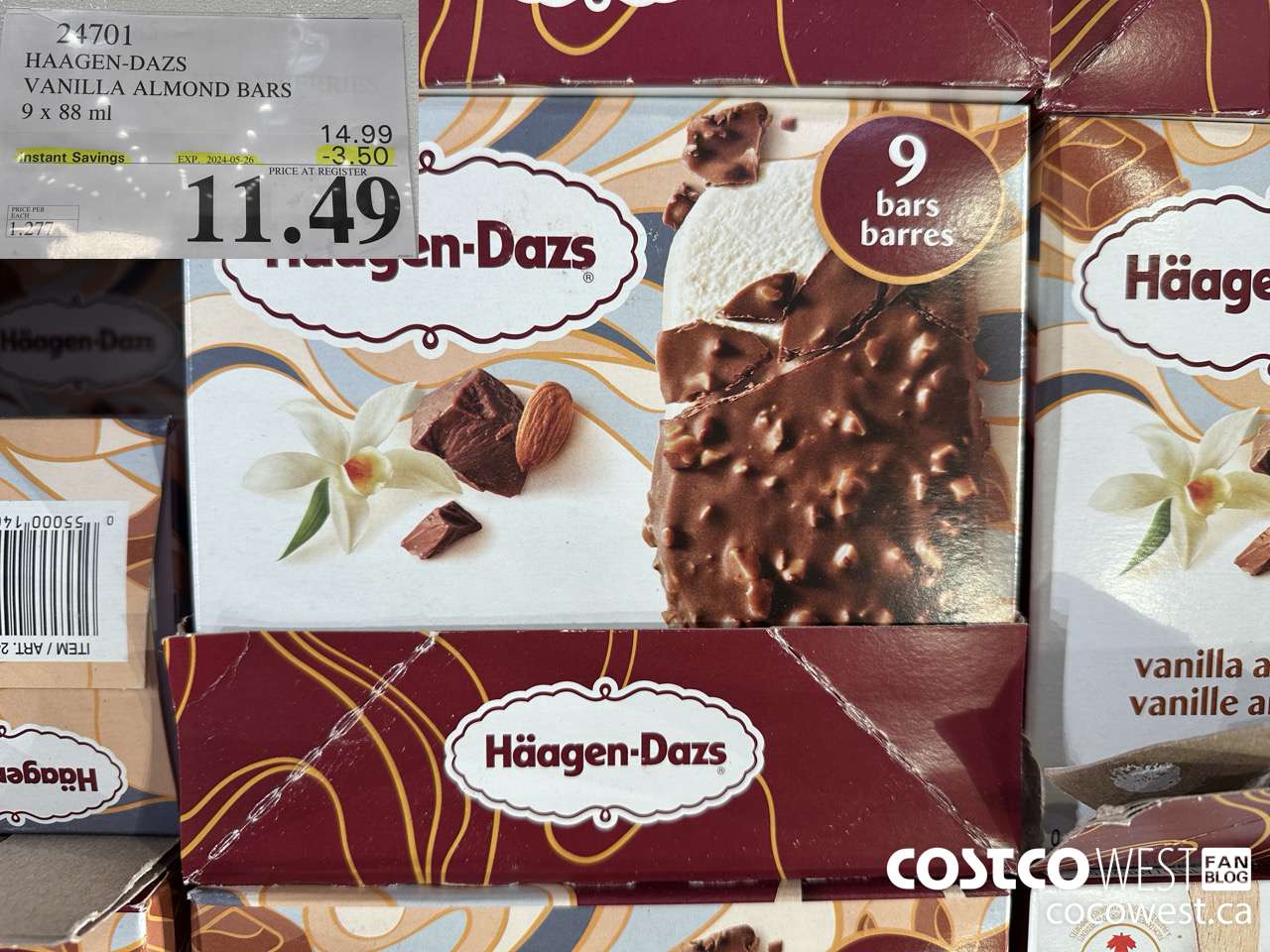 24701 HAAGEN-DAZS VANILLA ALMOND BARS 9 x 88 ml ($3.50 INSTANT SAVINGS EXPIRES ON 2024-05-26) $11.49