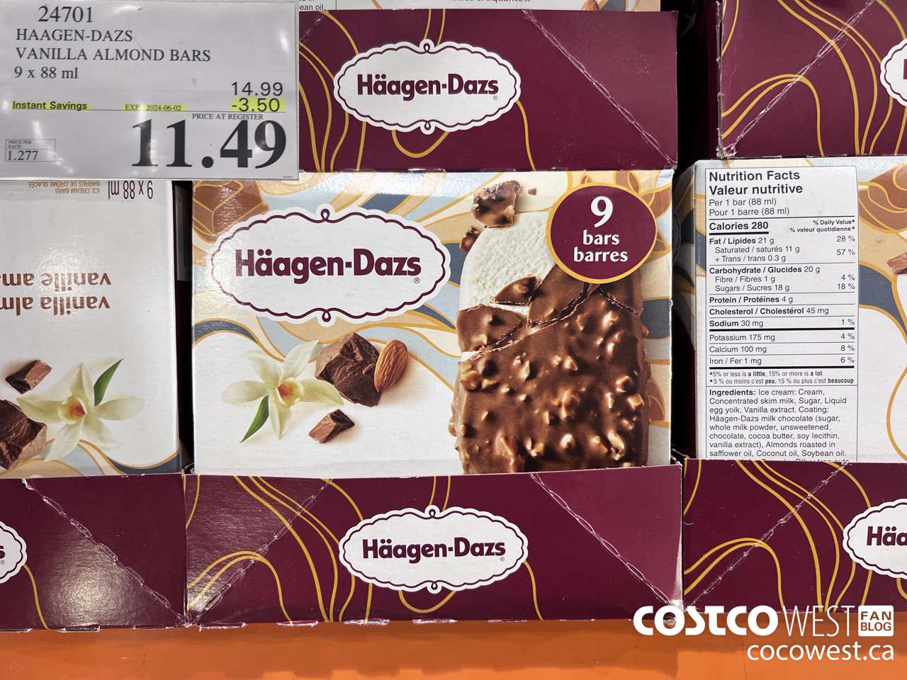 24701 HAAGEN-DAZS VANILLA ALMOND BARS 9 x 88 ml ($3.50 INSTANT SAVINGS EXPIRES ON 2024-06-02) $11.49