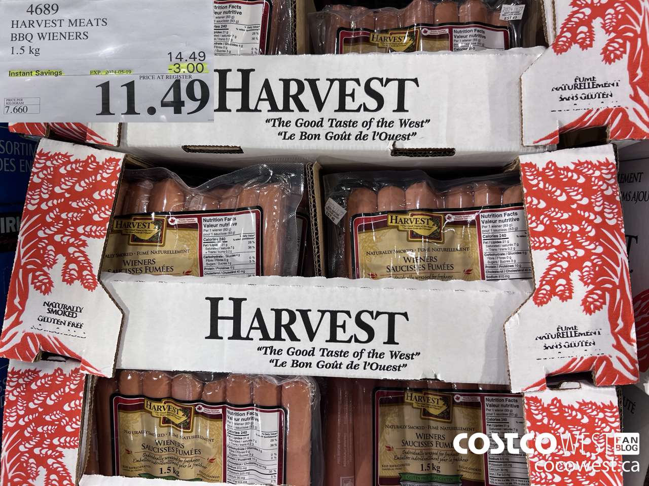 4689 HARVEST MEATS BBQ WIENERS 1.5 KG ($3.00 INSTANT SAVINGS EXPIRES ON 2024-05-19) $11.49