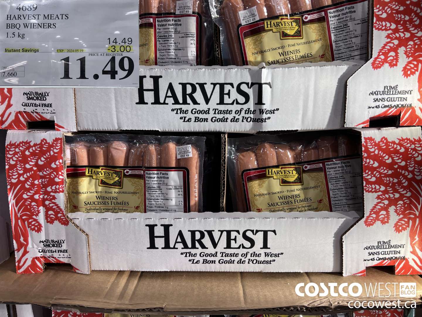 4689 HARVEST MEATS BBQ WIENERS 1.5 KG ($3.00 INSTANT SAVINGS EXPIRES ON 2024-05-19) $11.49