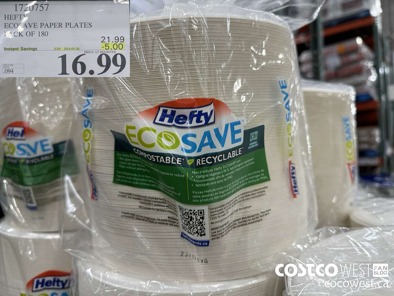 1720757 HEFTY ECOSAVE PAPER PLATES PACK OF 180 ($5.00 INSTANT SAVINGS EXPIRES ON 2024-05-26) $16.99
