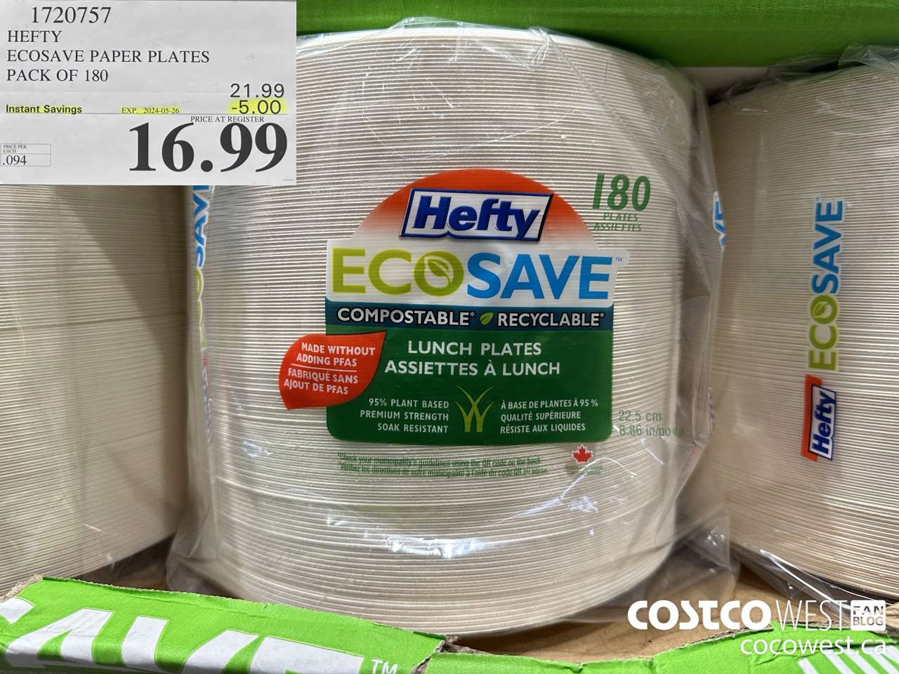1720757 HEFTY ECOSAVE PAPER PLATES PACK OF 180 ($5.00 INSTANT SAVINGS EXPIRES ON 2024-05-26) $16.99