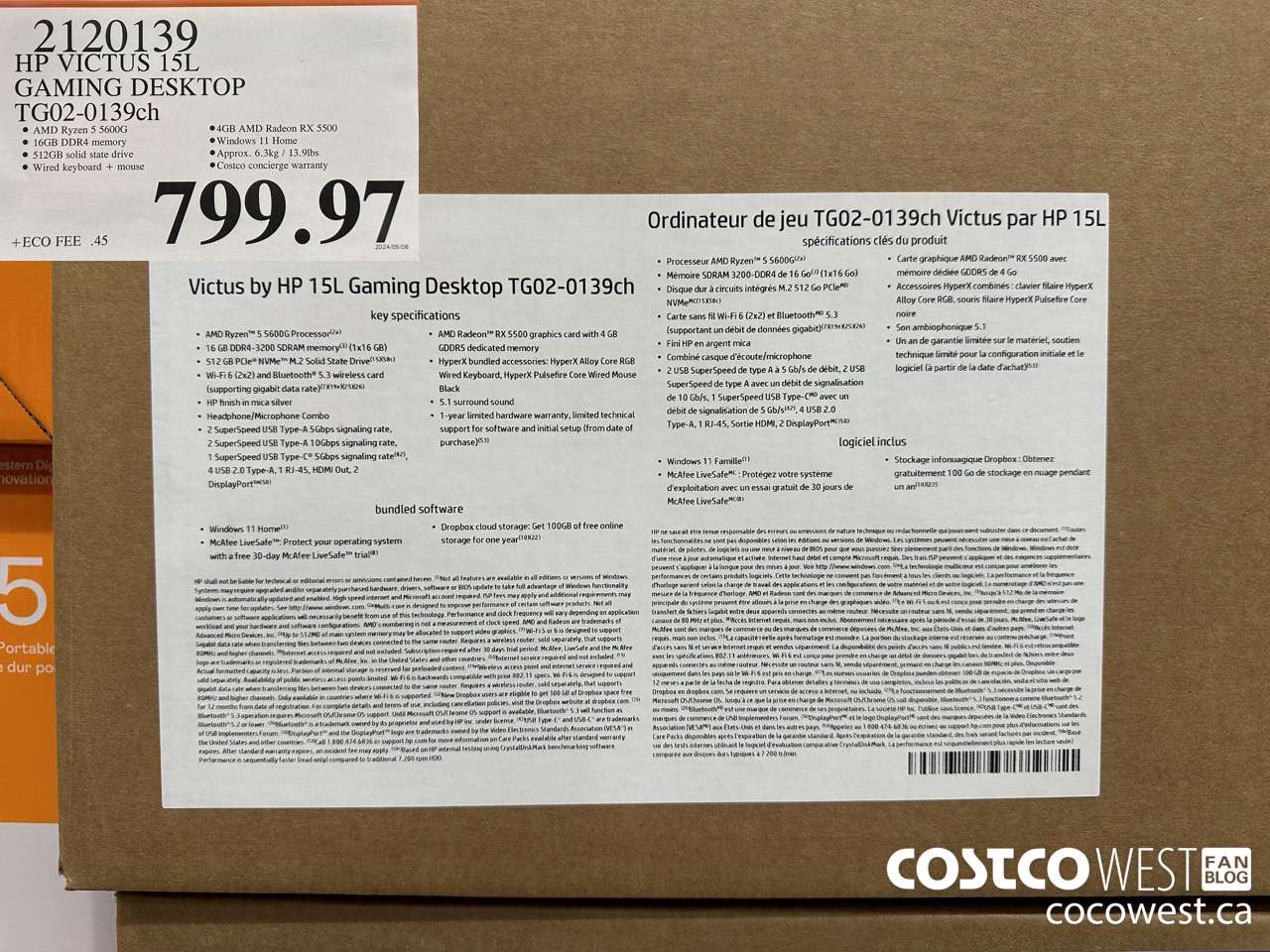 2120139 HP VICTUS 15L GAMING DESKTOP TG02-0139CH $799.97