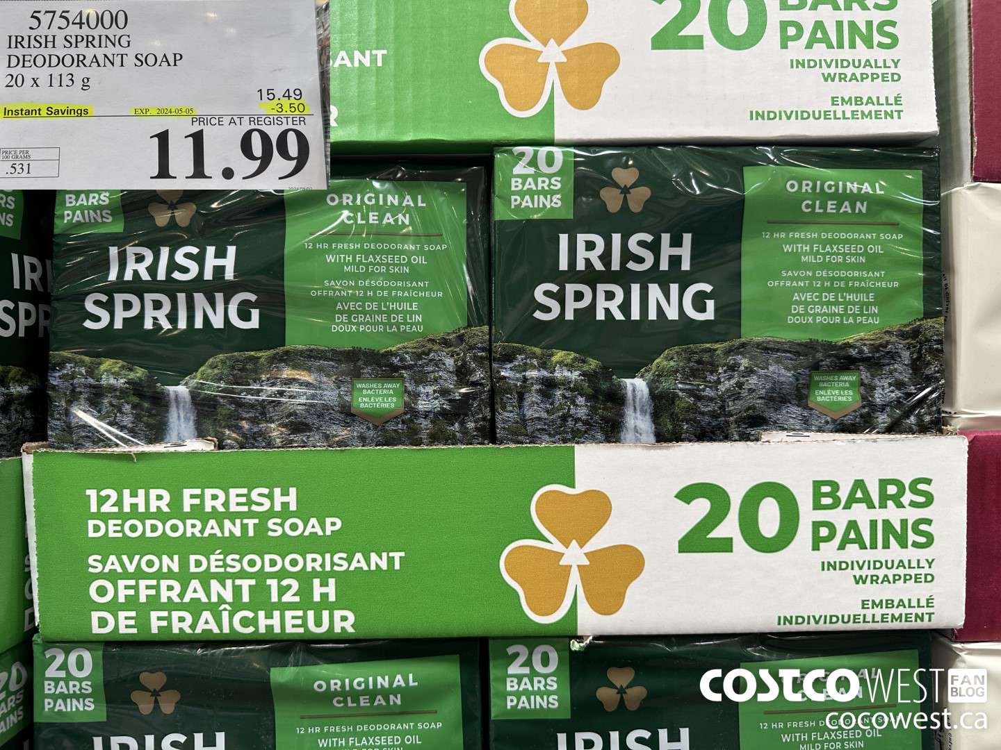 5754000 IRISH SPRING DEODORANT SOAP 20 x 113 g ($3.50 INSTANT SAVINGS EXPIRES ON 2024-05-05) $11.99