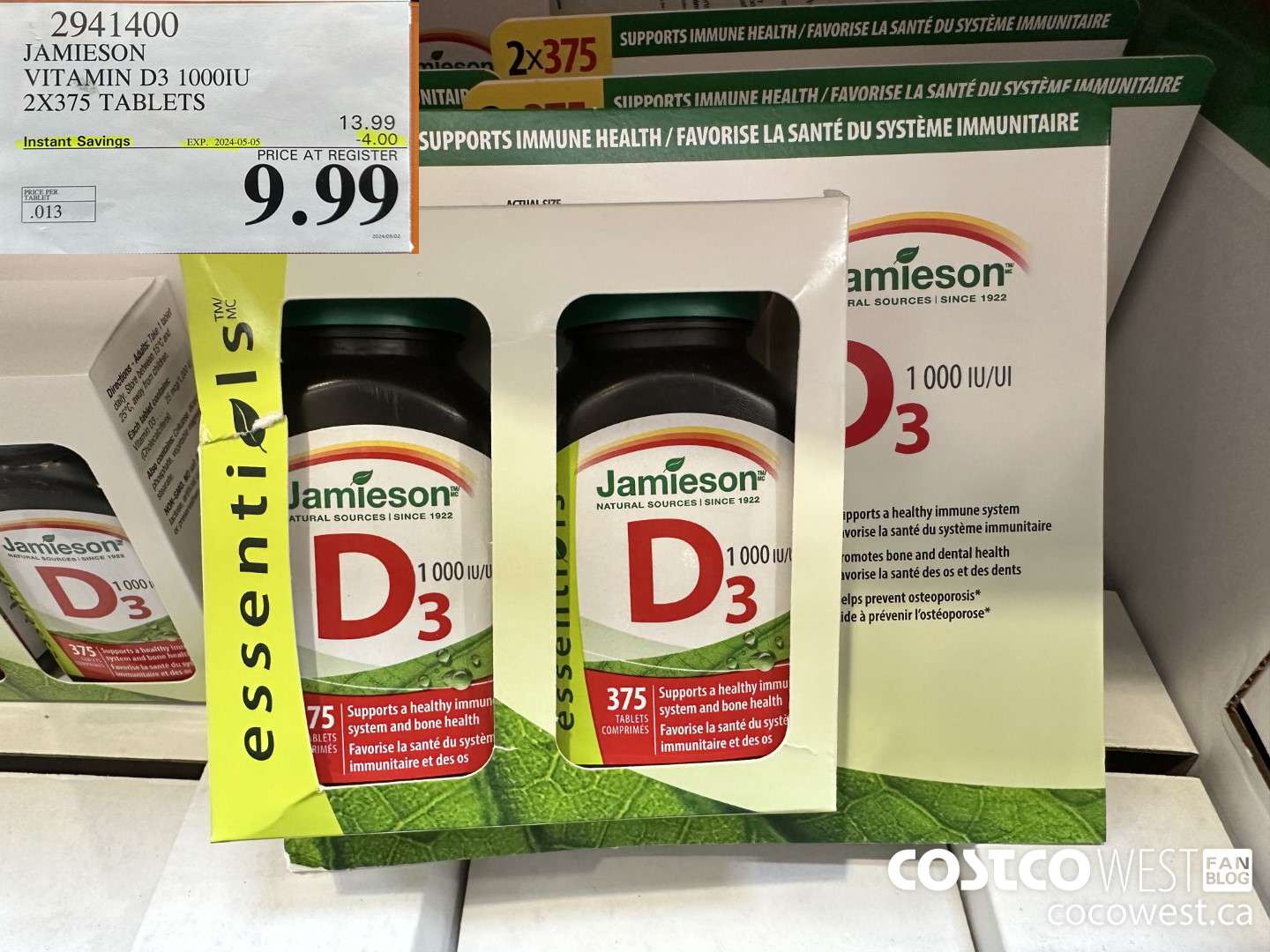 2941400 JAMIESON VITAMIN D3 1000IU 2X375 TABLETS ($4.00 INSTANT SAVINGS EXPIRES ON 2024-05-05) $9.99
