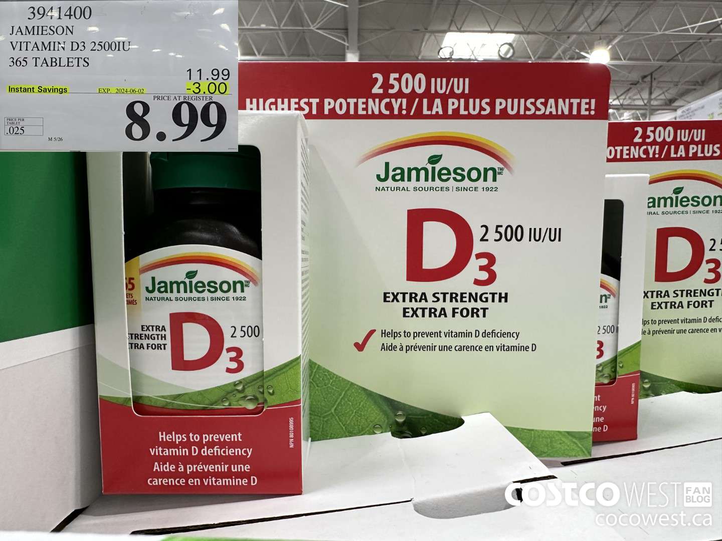 3941400 JAMIESON VITAMIN D3 2500IU 365 TABLETS ($3.00 INSTANT SAVINGS EXPIRES ON 2024-06-02) $8.99