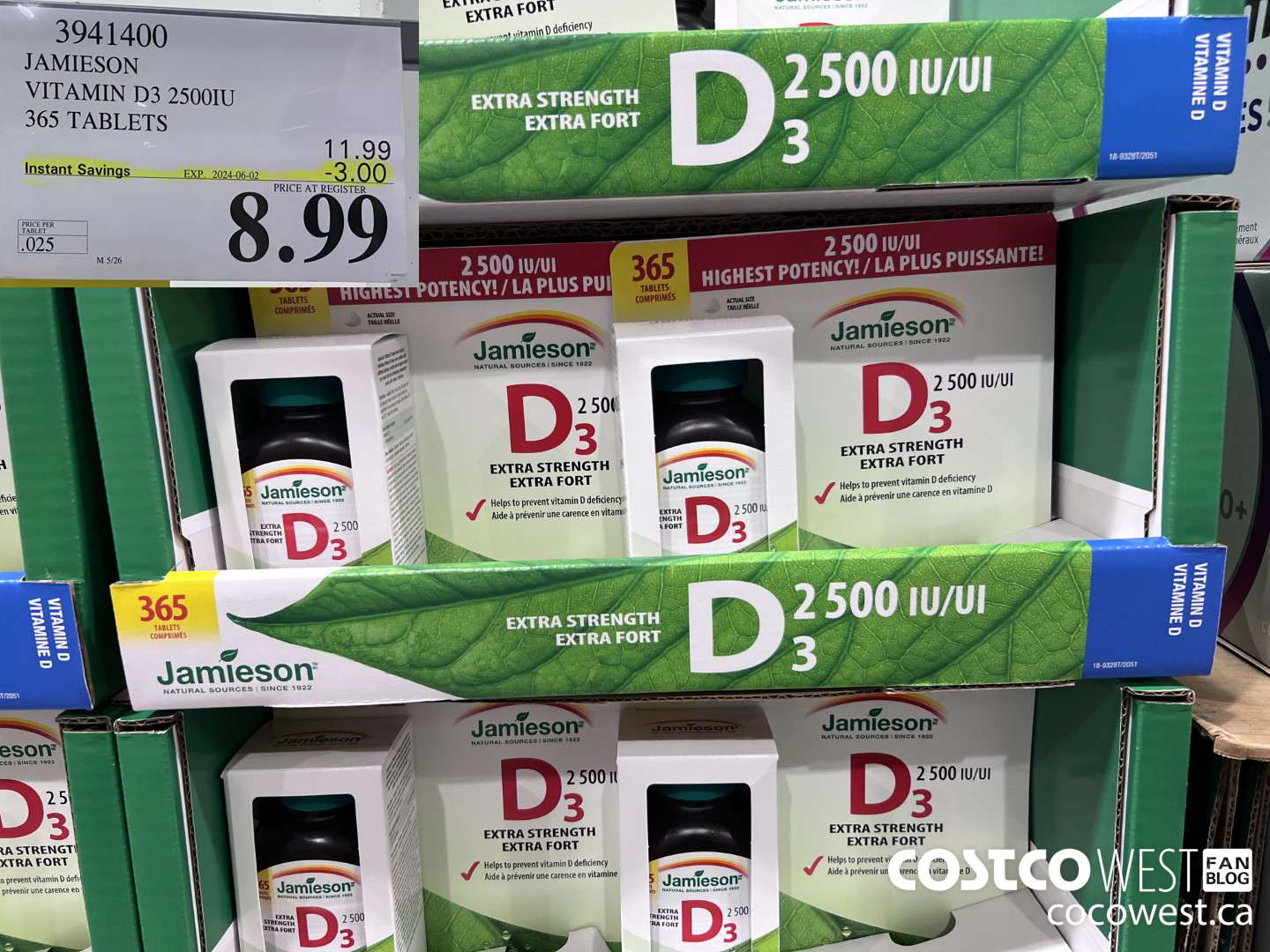3941400 JAMIESON VITAMIN D3 2500IU 365 TABLETS ($3.00 INSTANT SAVINGS EXPIRES ON 2024-06-02) $8.99