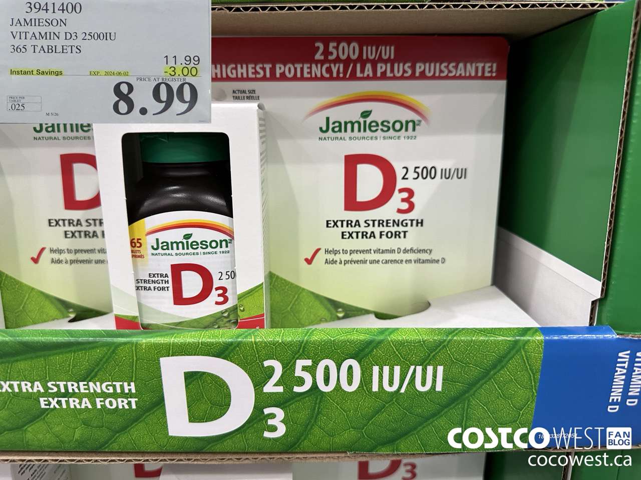 3941400 JAMIESON VITAMIN D3 2500IU 365 TABLETS ($3.00 INSTANT SAVINGS EXPIRES ON 2024-06-02) $8.99