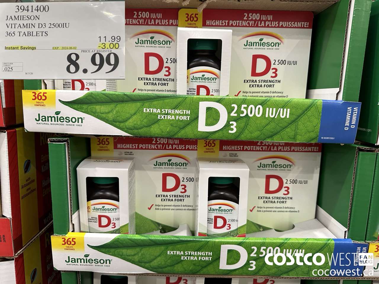 3941400 JAMIESON VITAMIN D3 2500IU 365 TABLETS ($3.00 INSTANT SAVINGS EXPIRES ON 2024-06-02) $8.99