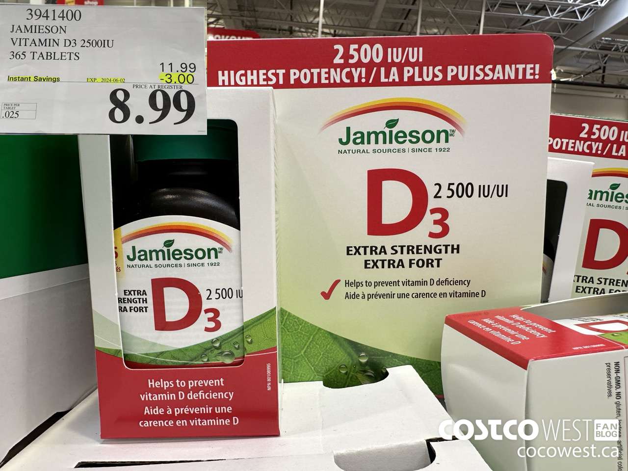 3941400 JAMIESON VITAMIN D3 2500IU 365 TABLETS ($3.00 INSTANT SAVINGS EXPIRES ON 2024-06-02) $8.99