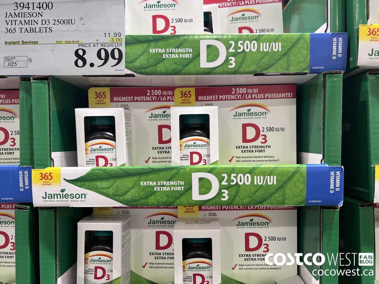 3941400 JAMIESON VITAMIN D3 2500IU 365 TABLETS ($3.00 INSTANT SAVINGS EXPIRES ON 2024-06-02) $8.99