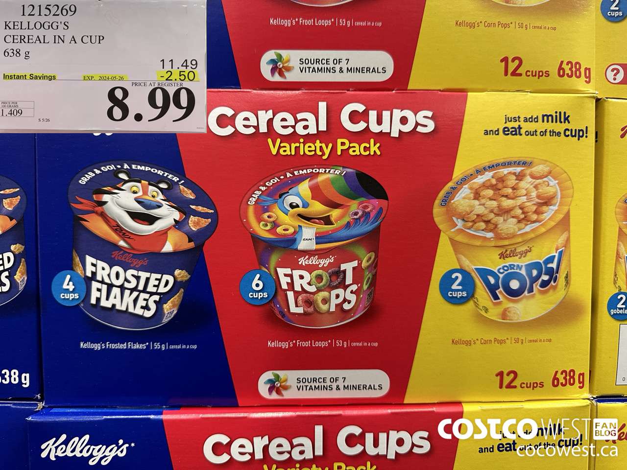 1215269 KELLOGG'S CEREAL IN A CUP 638 G ($2.50 INSTANT SAVINGS EXPIRES ON 2024-05-26) $8.99