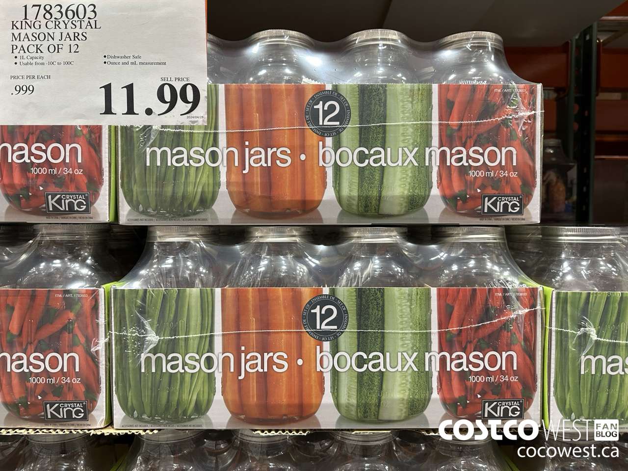 1783603 KING CRYSTAL MASON JARS PACK OF 12 $11.99
