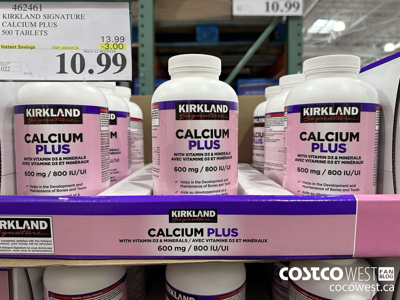 462461 KIRKLAND SIGNATURE CALCIUM PLUS 500 TABLETS  ($3.00 INSTANT SAVINGS EXPIRES ON 2024-05-26) $10.99