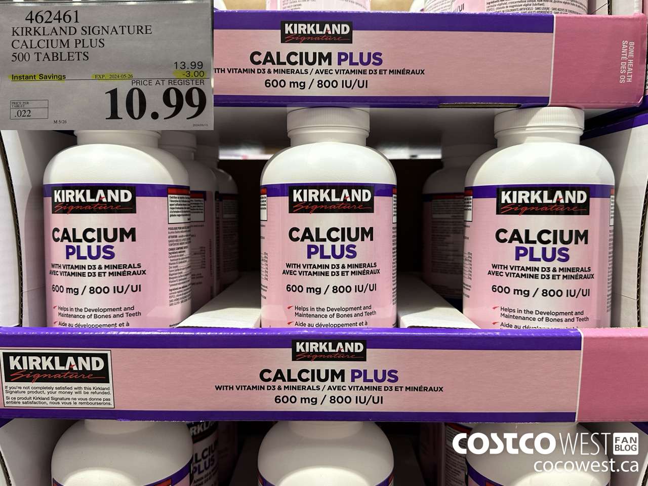 462461 KIRKLAND SIGNATURE CALCIUM PLUS 500 TABLETS ($3.00 INSTANT SAVINGS EXPIRES ON 2024-05-26) $10.99