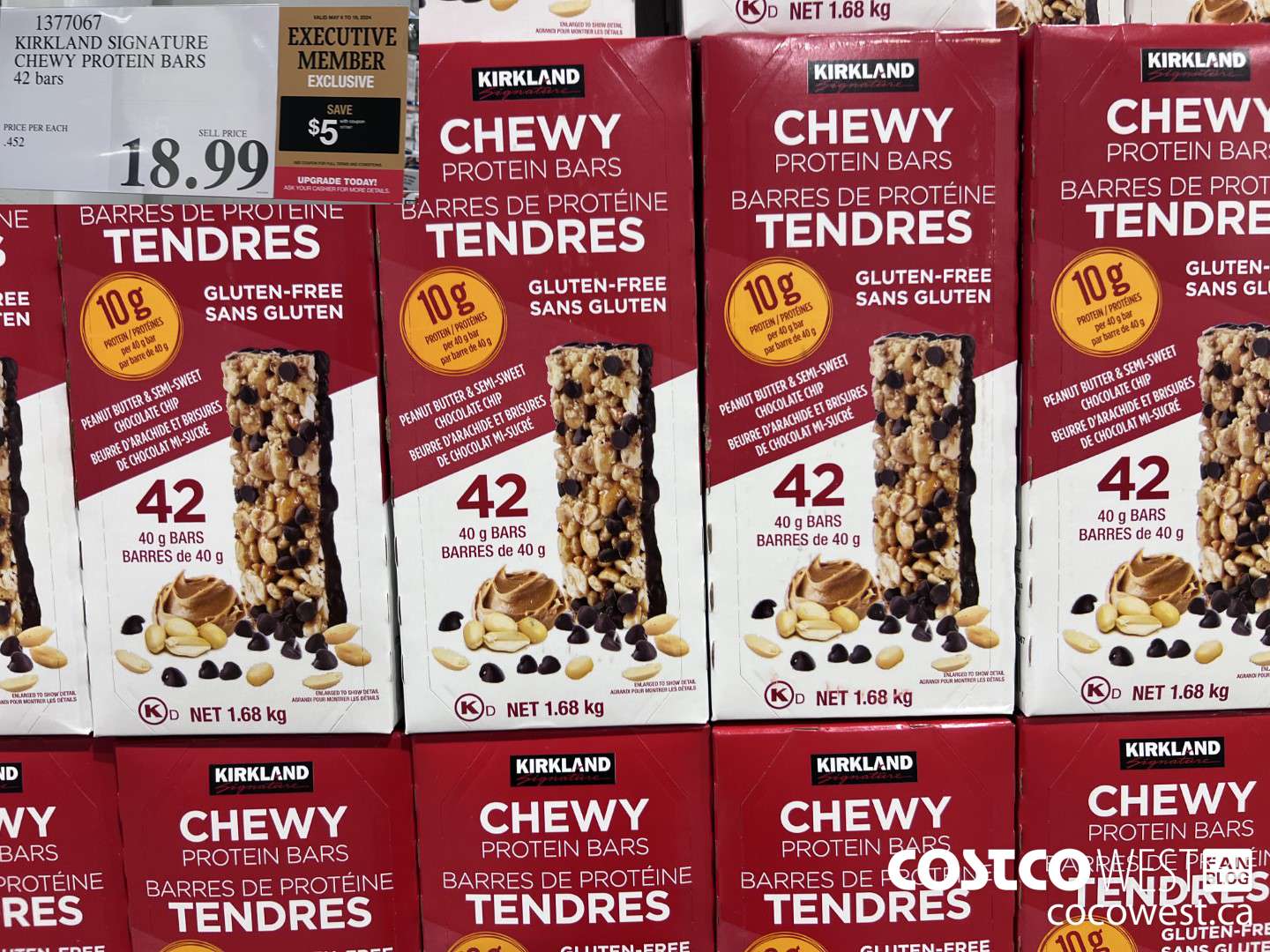 1377067 KIRKLAND SIGNATURE CHEWY PROTEIN BAR 1.68KG / 40G X 42 ($5.00 INSTANT SAVINGS EXPIRES ON 2024-05-19) $13.99