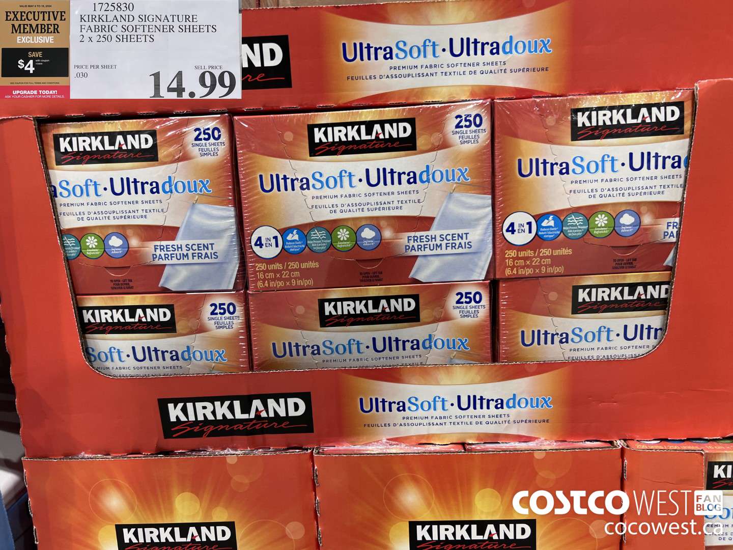 1725830 KIRKLAND SIGNATURE FABRIC SOFTENER SHEETS 2 X 250 SHEETS ($4.00 INSTANT SAVINGS EXPIRES ON 2024-05-19) $10.99