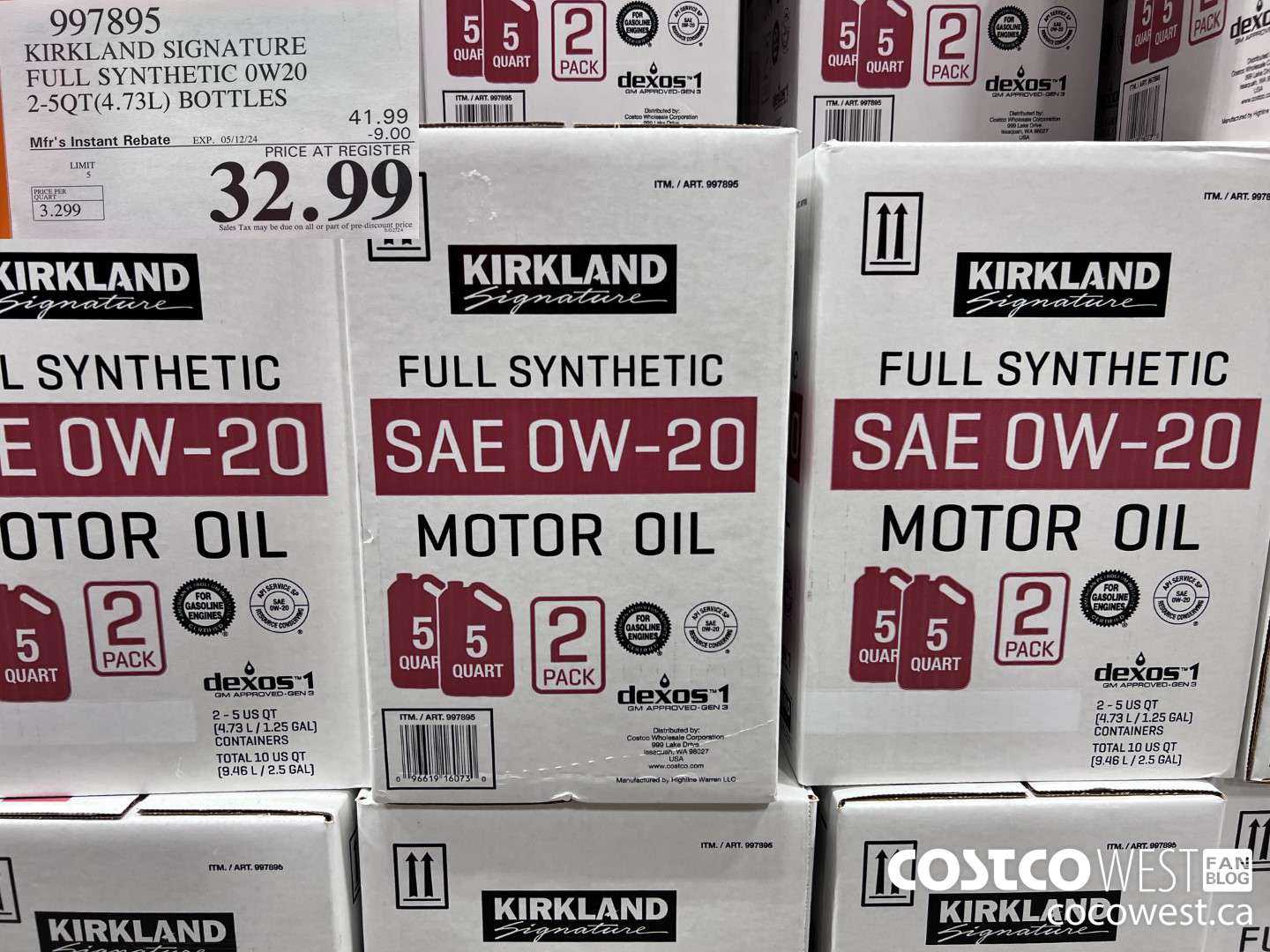 997895 KIRKLAND SIGNATURE FULL SYNTHETIC 0W20 2-5QT (4.73L) BOTTLES ($9.00 INSTANT SAVINGS EXPIRES ON 2024-05-12) $32.99