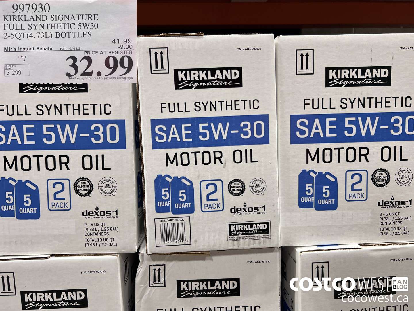 997930 KIRKLAND SIGNATURE FULL SYNTHETIC OIL 5W30 2-5QT (4.73L) BOTTLES ($9.00 INSTANT SAVINGS EXPIRES ON 2024-05-12) $32.99