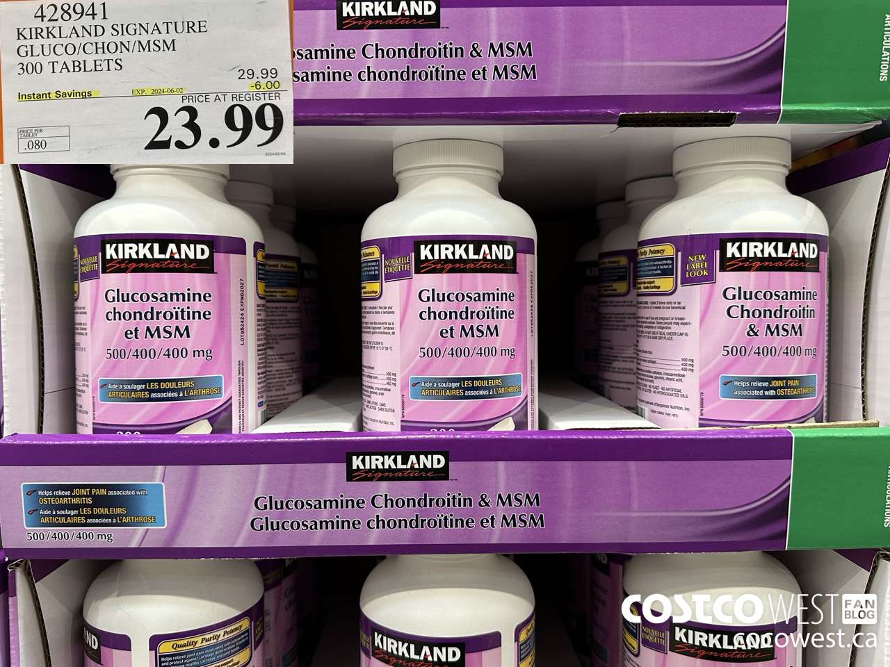 428941 KIRKLAND SIGNATURE GLUCO/CHON/MSM 300 TABLETS ($6.00 INSTANT SAVINGS EXPIRES ON 2024-06-02) $23.99