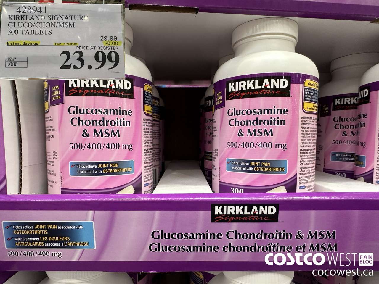 428941 KIRKLAND SIGNATURE GLUCO/CHON/MSM 300 TABLETS ($6.00 INSTANT SAVINGS EXPIRES ON 2024-06-02) $23.99