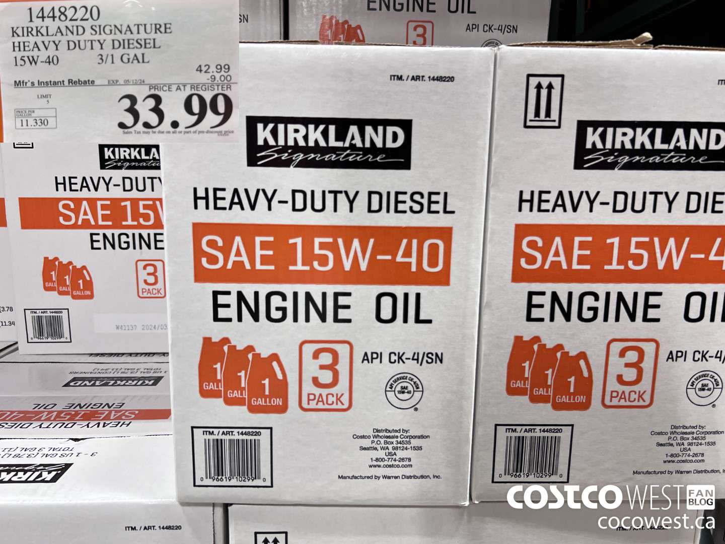 1448220 KIRKLAND SIGNATURE HEAVY DUTY DIESEL 15W-40 3/1 GAL ($9.00 INSTANT SAVINGS EXPIRES ON 2024-05-12) $33.99