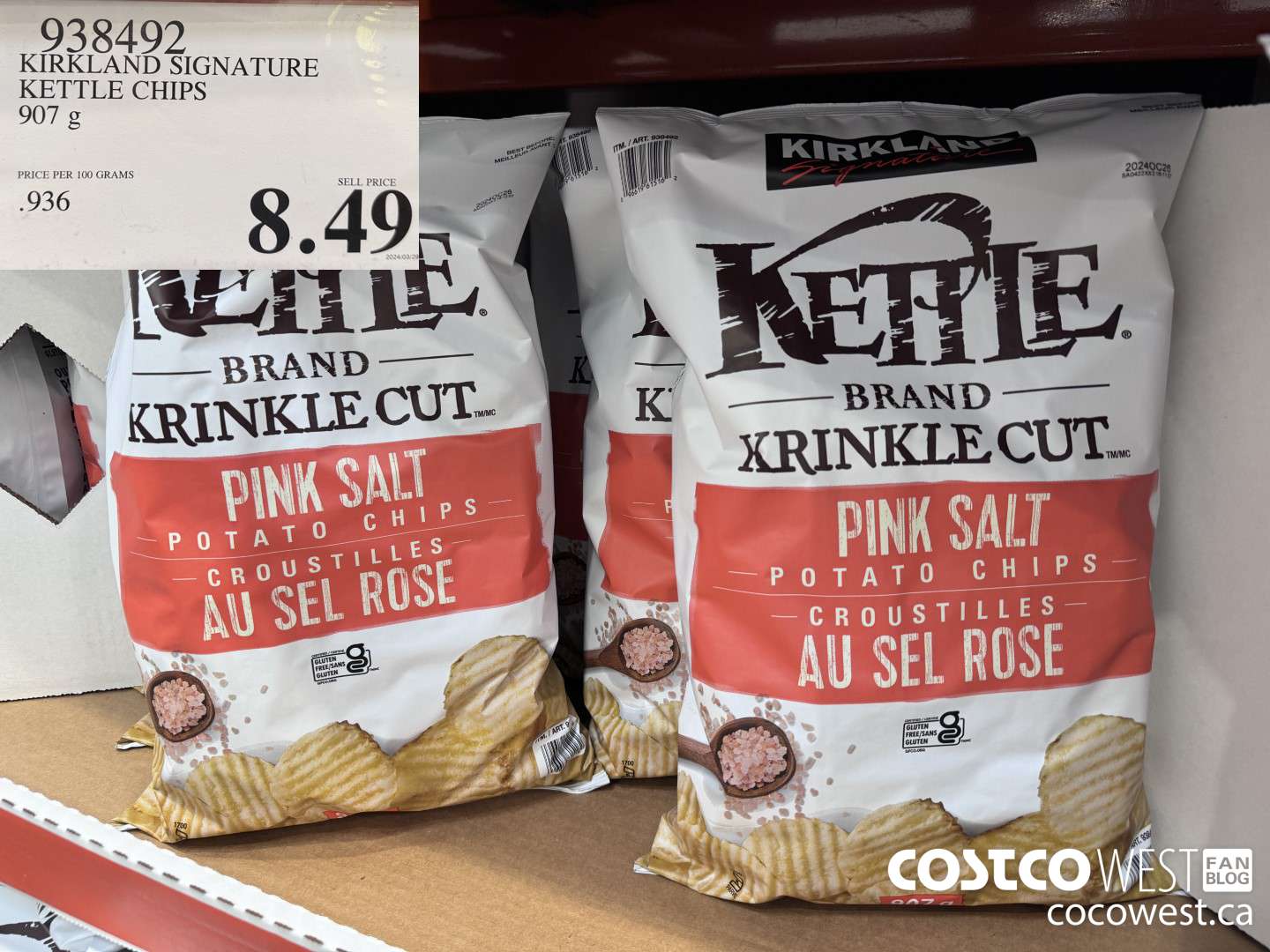 938492 KIRKLAND SIGNATURE KETTLE CHIPS 907G $8.49