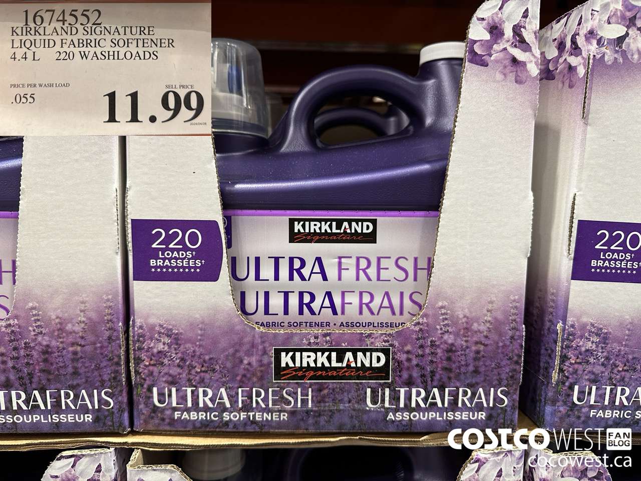 1674552 KIRKLAND SIGNATURE LIQUID FABRIC SOFTENER 4.4 L 220 WASHLOADS $11.99