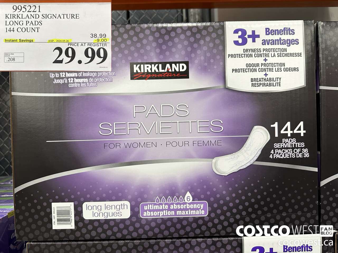 995221 KIRKLAND SIGNATURE LONG PADS 144 COUNT ($9.00 INSTANT SAVINGS EXPIRES ON 2024-05-26) $29.99
