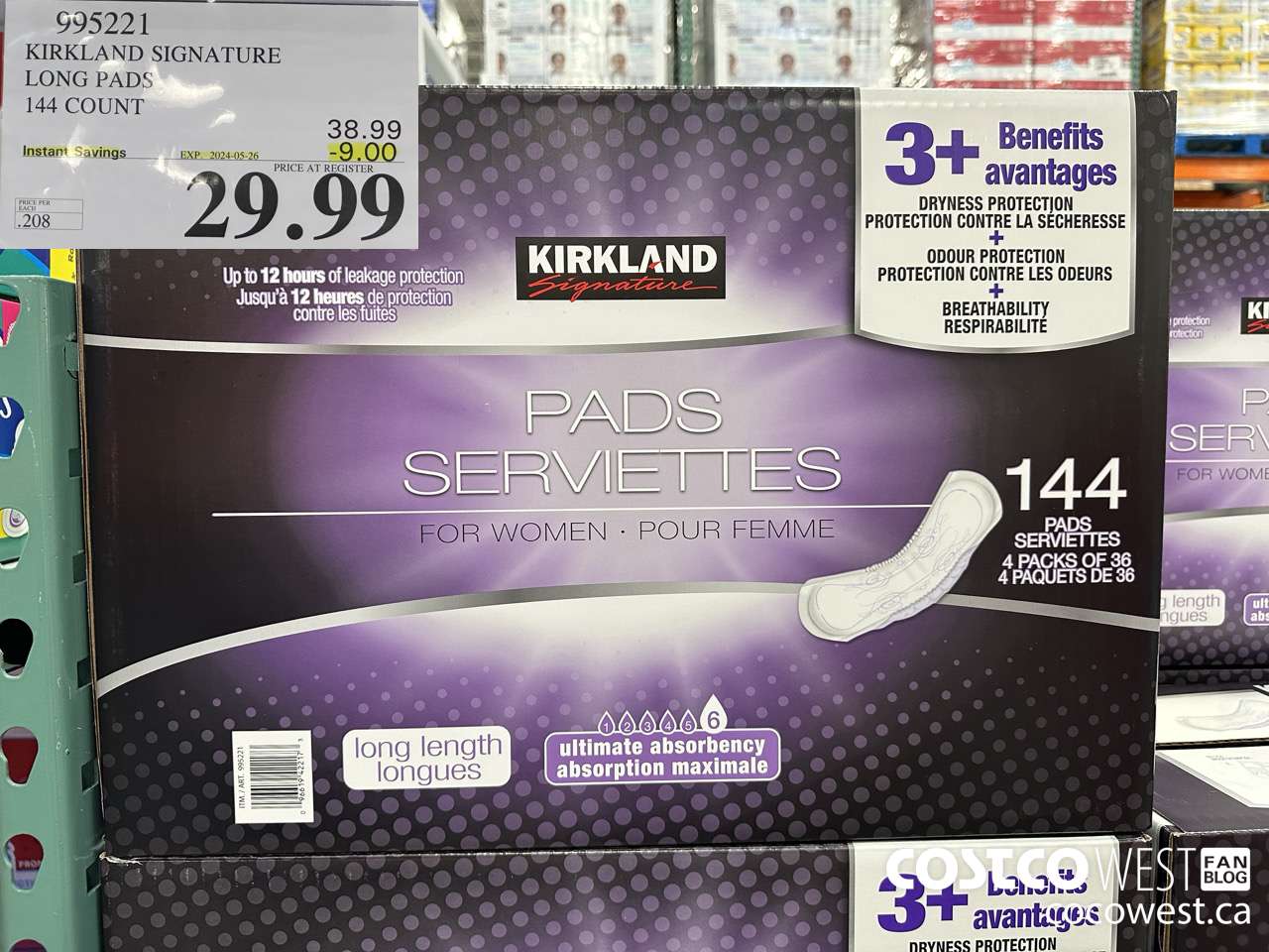 995221 KIRKLAND SIGNATURE LONG PADS 144 COUNT ($9.00 INSTANT SAVINGS EXPIRES ON 2024-05-26) $29.99