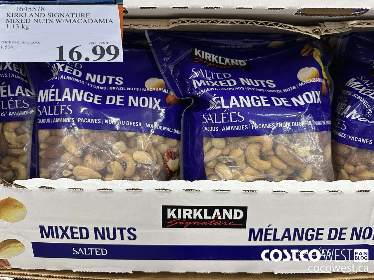 1645578 KIRKLAND SIGNATURE MIXED NUTS W/MACADAMIA 1.13KG $16.99