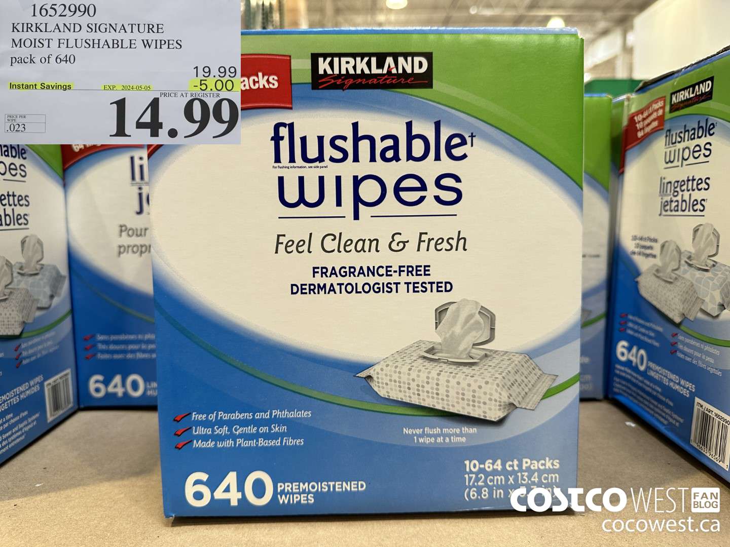 1652990 KIRKLAND SIGNATURE MOIST FLUSHABLE WIPES PACK OF 640 ($5.00 INSTANT SAVINGS EXPIRES ON 2024-05-05) $14.99