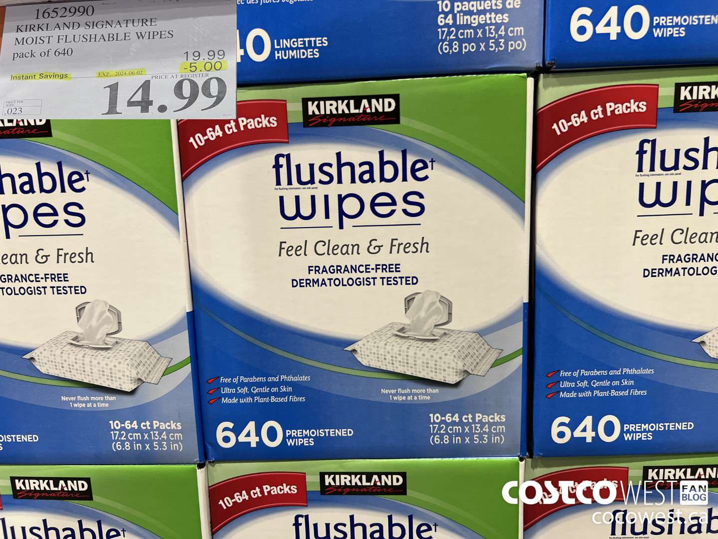 1652990 KIRKLAND SIGNATURE MOIST FLUSHABLE WIPES PACK OF 640 ($5.00 INSTANT SAVINGS EXPIRES ON 2024-06-02) $14.99