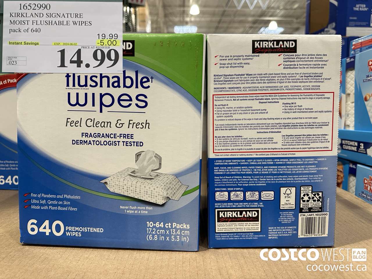 1652990 KIRKLAND SIGNATURE MOIST FLUSHABLE WIPES PACK OF 640 ($5.00 INSTANT SAVINGS EXPIRES ON 2024-06-02) $14.99