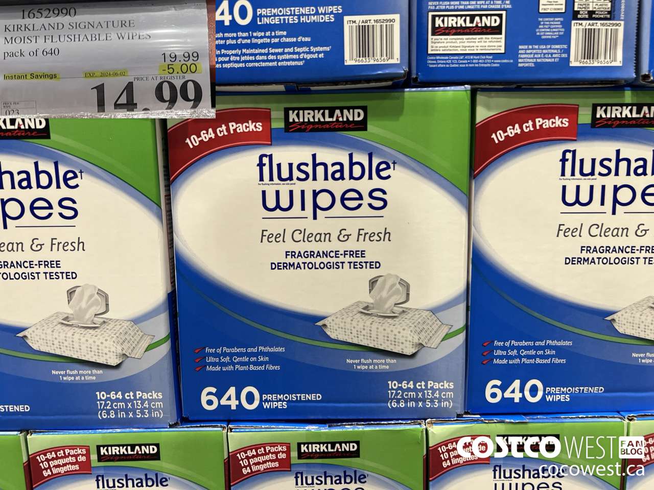 1652990 KIRKLAND SIGNATURE MOIST FLUSHABLE WIPES PACK OF 640 ($5.00 INSTANT SAVINGS EXPIRES ON 2024-06-02) $14.99