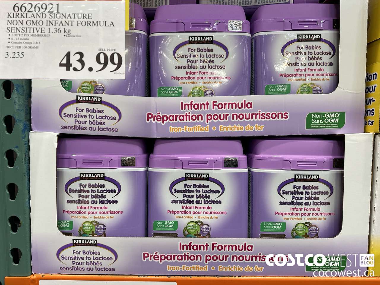 6626921 KIRKLAND SIGNATURE NON GMO INFANT FORMULA SENSITIVE 1.36 kg $43.99