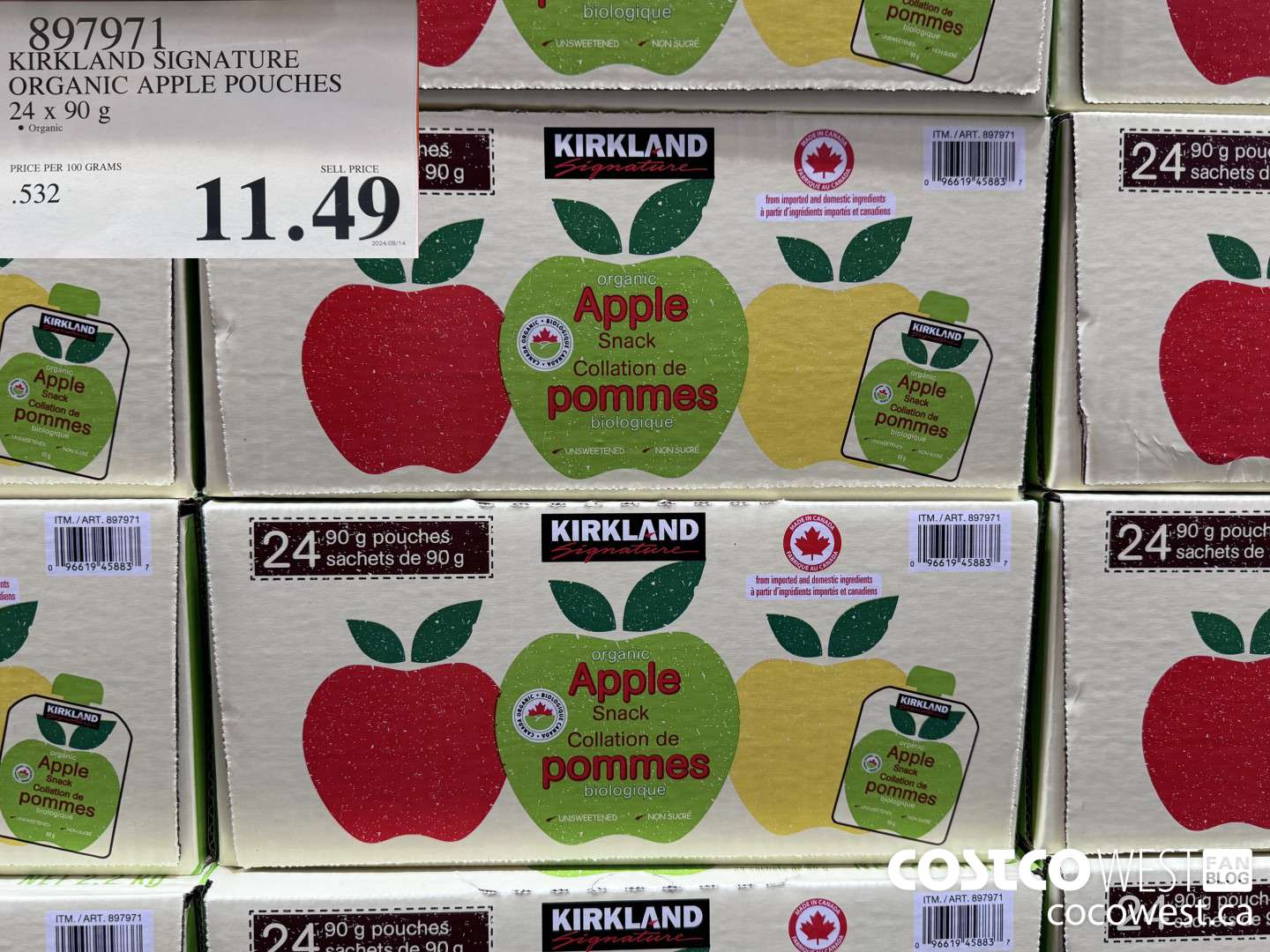 897971 KIRKLAND SIGNATURE ORGANIC APPLE POUCHES 24 X 90G $11.49