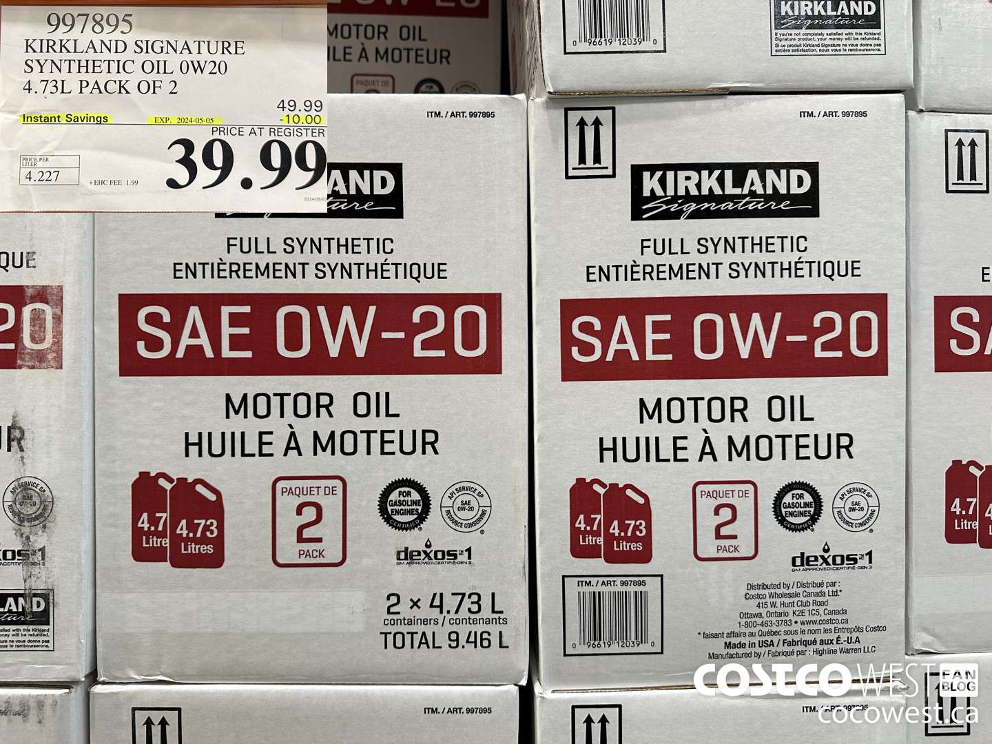 997895 KIRKLAND SIGNATURE SYNTHETIC 0W20 4.73L PACK OF 2 ($10.00 INSTANT SAVINGS EXPIRES ON 2024-05-05) $39.99