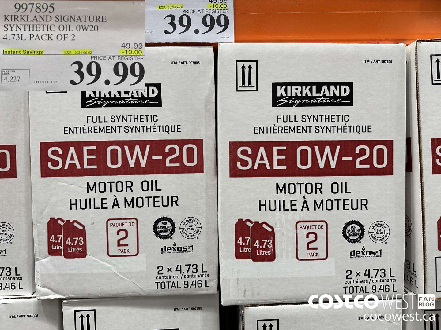 997895 KIRKLAND SIGNATURE SYNTHETIC 0W20 4.73L PACK OF 2 ($10.00 INSTANT SAVINGS EXPIRES ON 2024-06-02) $39.99