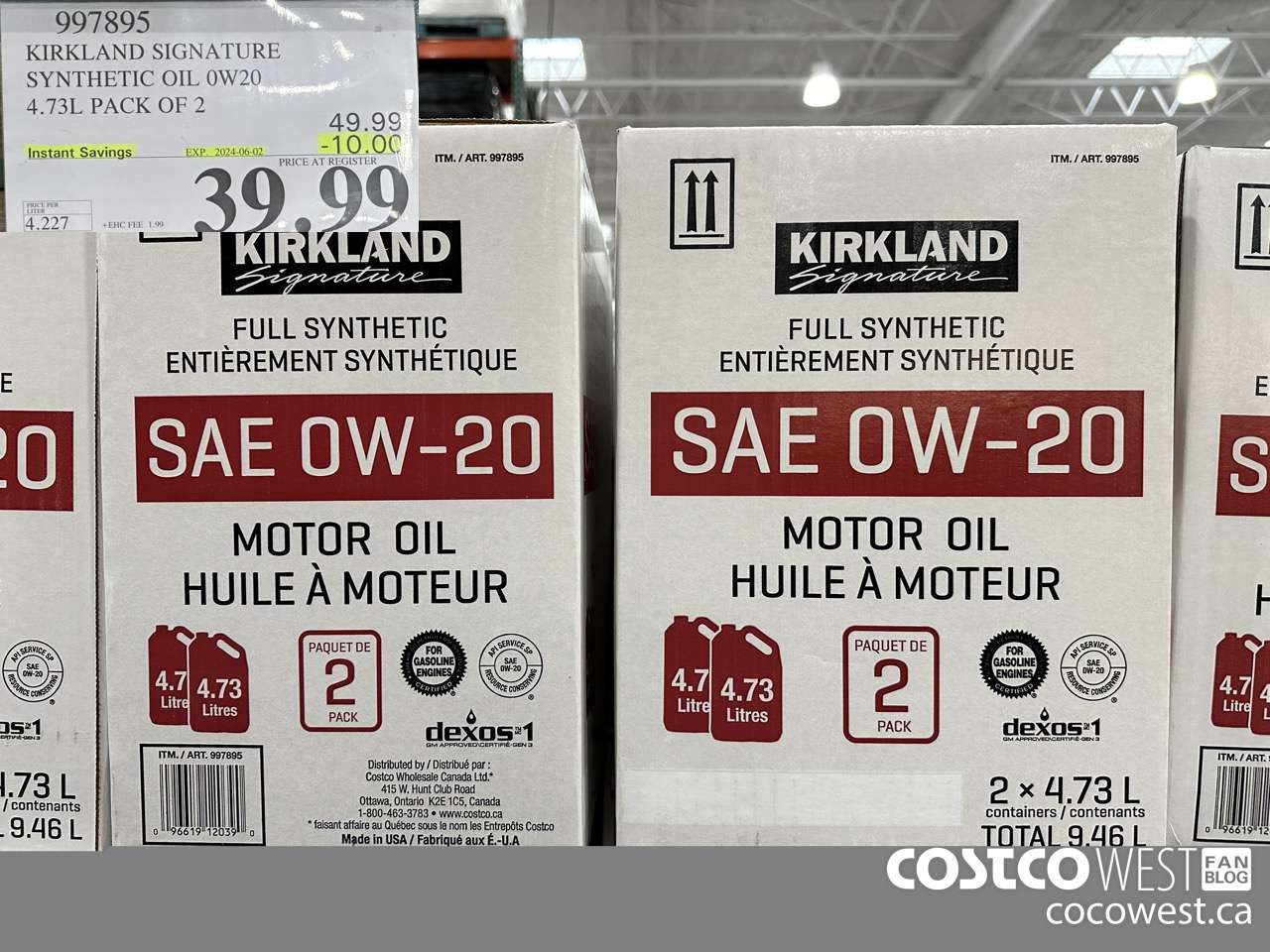 997895 KIRKLAND SIGNATURE SYNTHETIC OIL 0W20 4.73L PACK OF 2 ($10.00 INSTANT SAVINGS EXPIRES ON 2024-06-02) $39.99