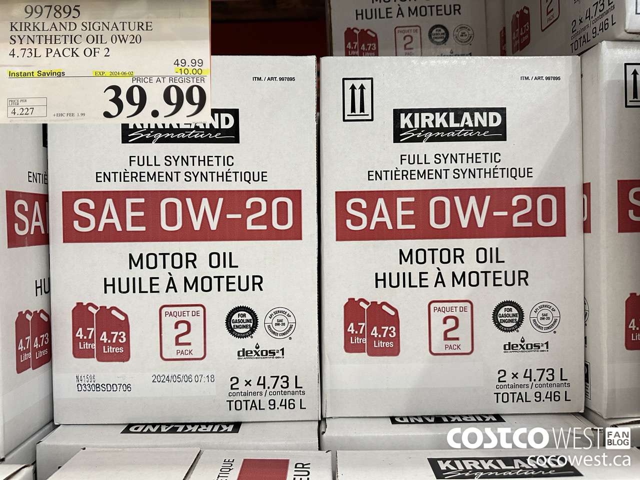 997895 KIRKLAND SIGNATURE SYNTHETIC OIL 0W20 4.73L PACK OF 2 ($10.00 INSTANT SAVINGS EXPIRES ON 2024-06-02) $39.99