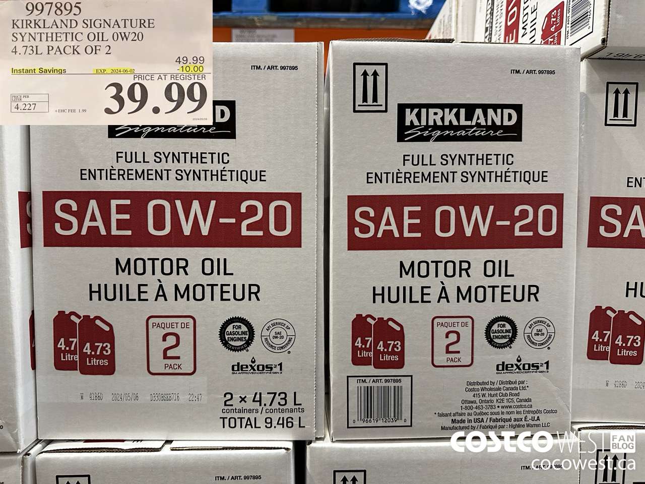 997895 KIRKLAND SIGNATURE SYNTHETIC OIL 0W20 4.73L PACK OF 2 ($10.00 INSTANT SAVINGS EXPIRES ON 2024-06-02) $39.99