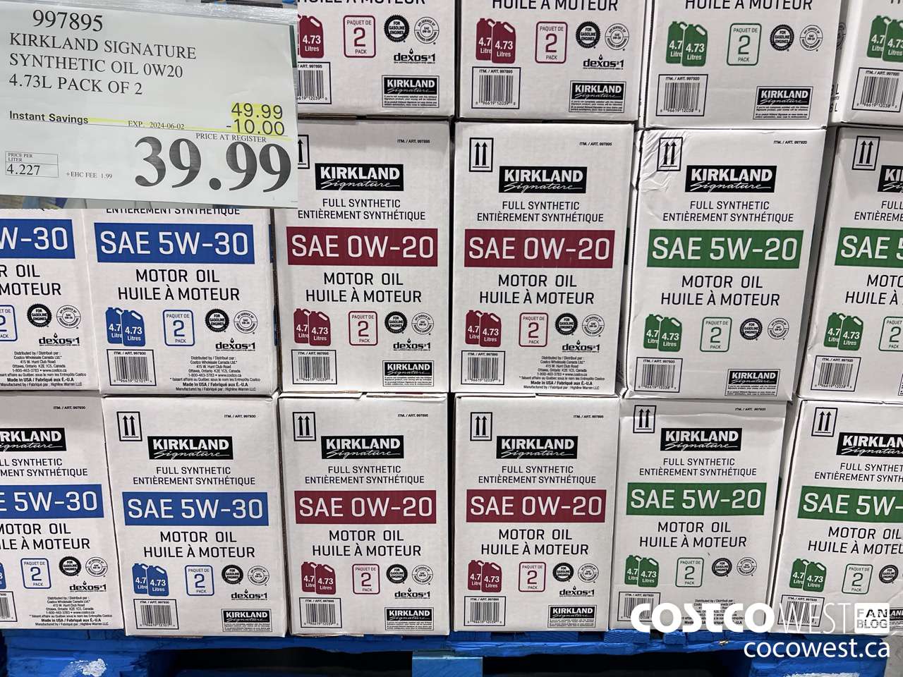 997895 KIRKLAND SIGNATURE SYNTHETIC OIL 0W20 4.73L PACK OF 2 ($10.00 INSTANT SAVINGS EXPIRES ON 2024-06-02) $39.99