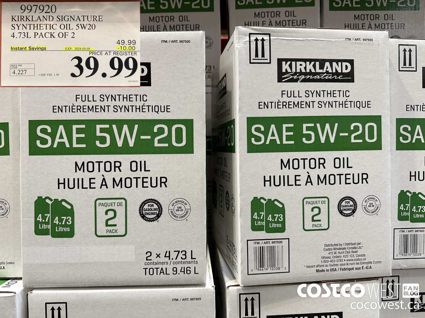 997920 KIRKLAND SIGNATURE SYNTHETIC OIL 5W20 4.73L PACK OF 2 ($10.00 INSTANT SAVINGS EXPIRES ON 2024-05-05) $39.99