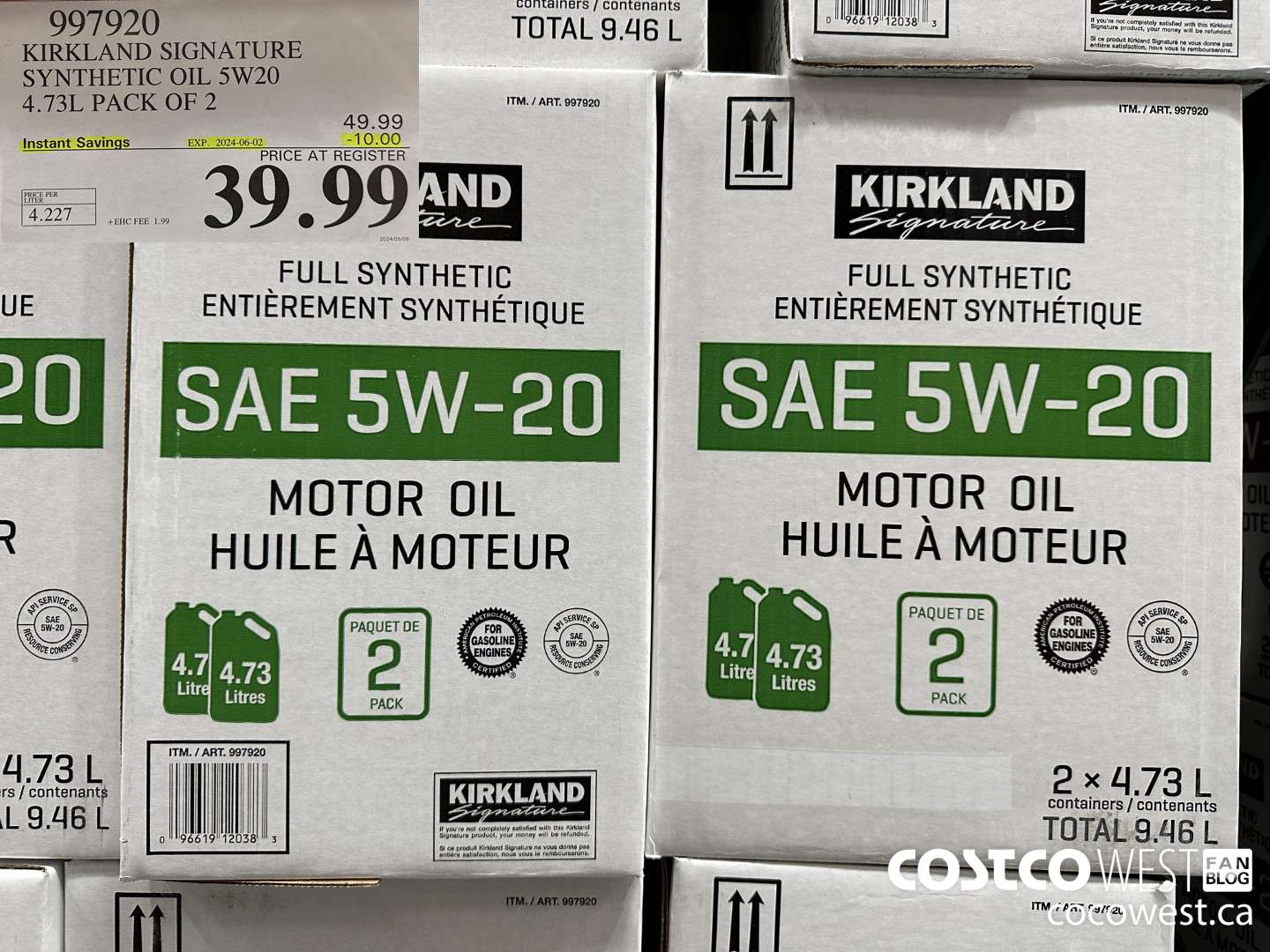 997920 KIRKLAND SIGNATURE SYNTHETIC OIL 5W20 4.73L PACK OF 2 ($10.00 INSTANT SAVINGS EXPIRES ON 2024-06-02) $39.99