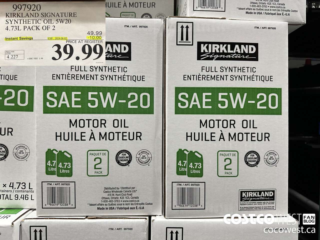 997920 KIRKLAND SIGNATURE SYNTHETIC OIL 5W20 4.73L PACK OF 2 ($10.00 INSTANT SAVINGS EXPIRES ON 2024-06-02) $39.99