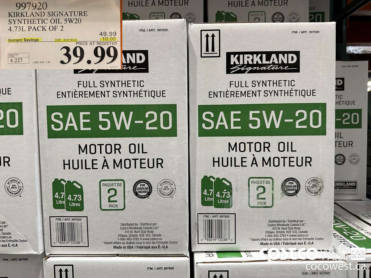997920 KIRKLAND SIGNATURE SYNTHETIC OIL 5W20 4.73L PACK OF 2 ($10.00 INSTANT SAVINGS EXPIRES ON 2024-06-02) $39.99