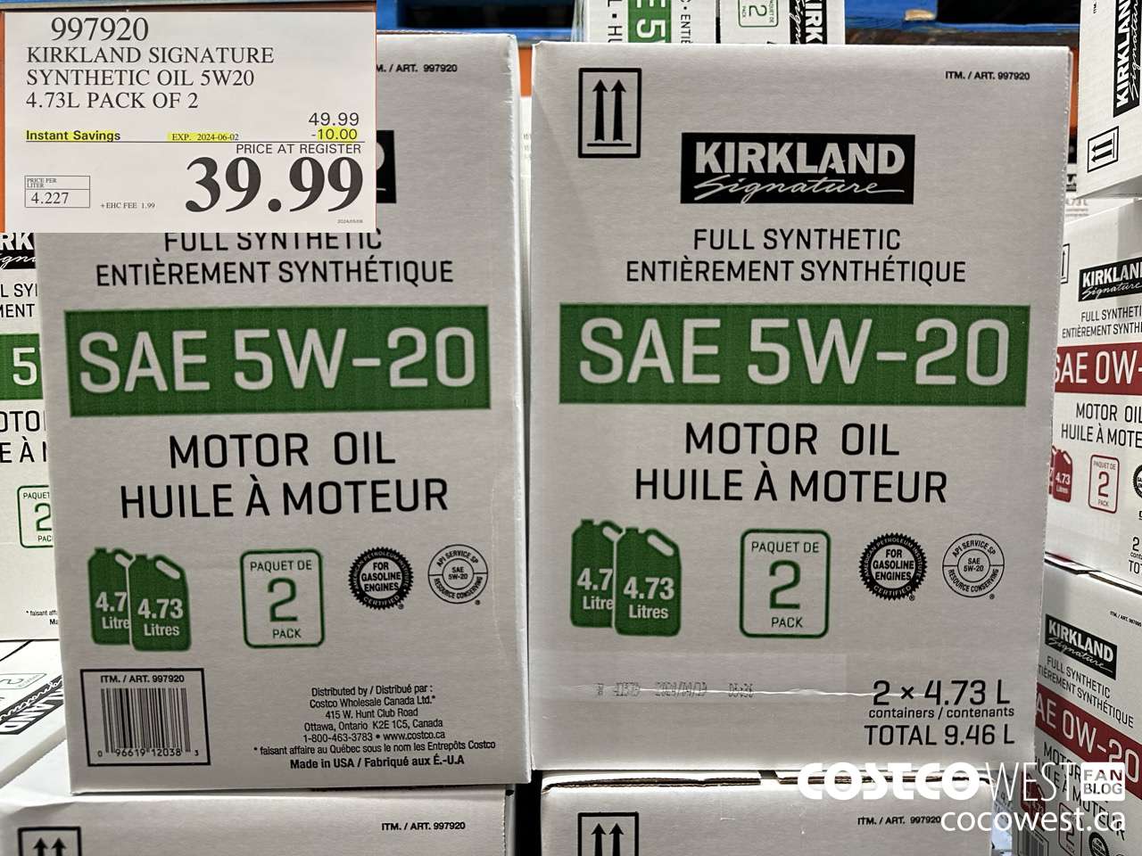 997920 KIRKLAND SIGNATURE SYNTHETIC OIL 5W20 4.73L PACK OF 2 ($10.00 INSTANT SAVINGS EXPIRES ON 2024-06-02) $39.99